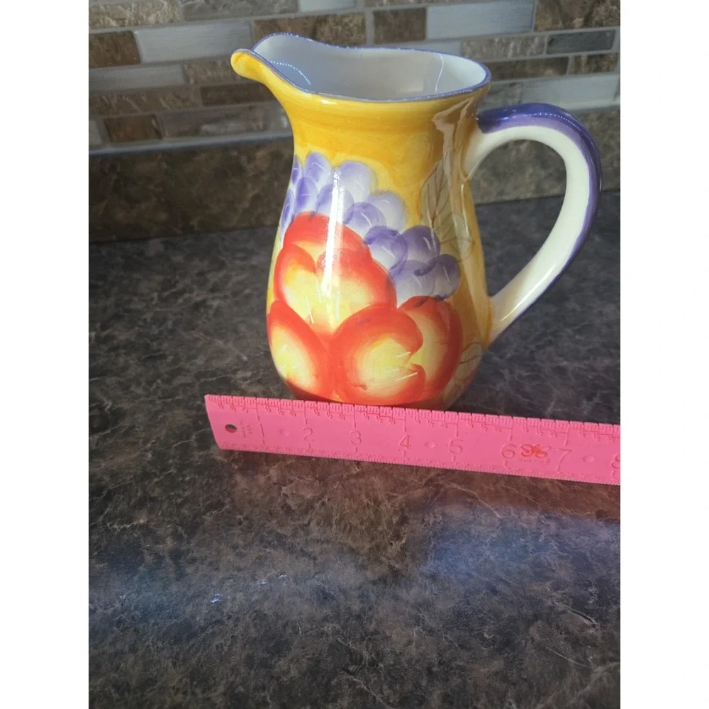 Holiday Designs USA pitcher Fruit Grapes Peaches Yellow Orange 7 Inches Tall